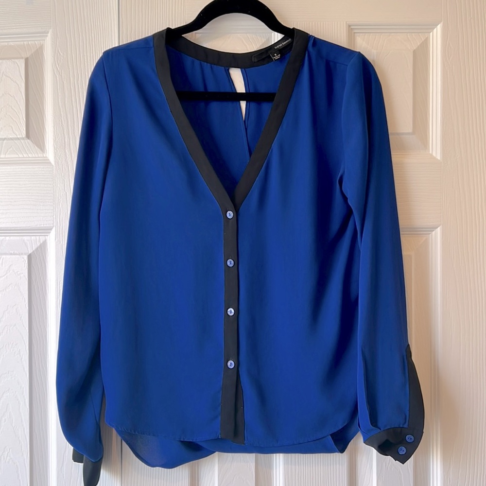 Blue open-back button down blouse